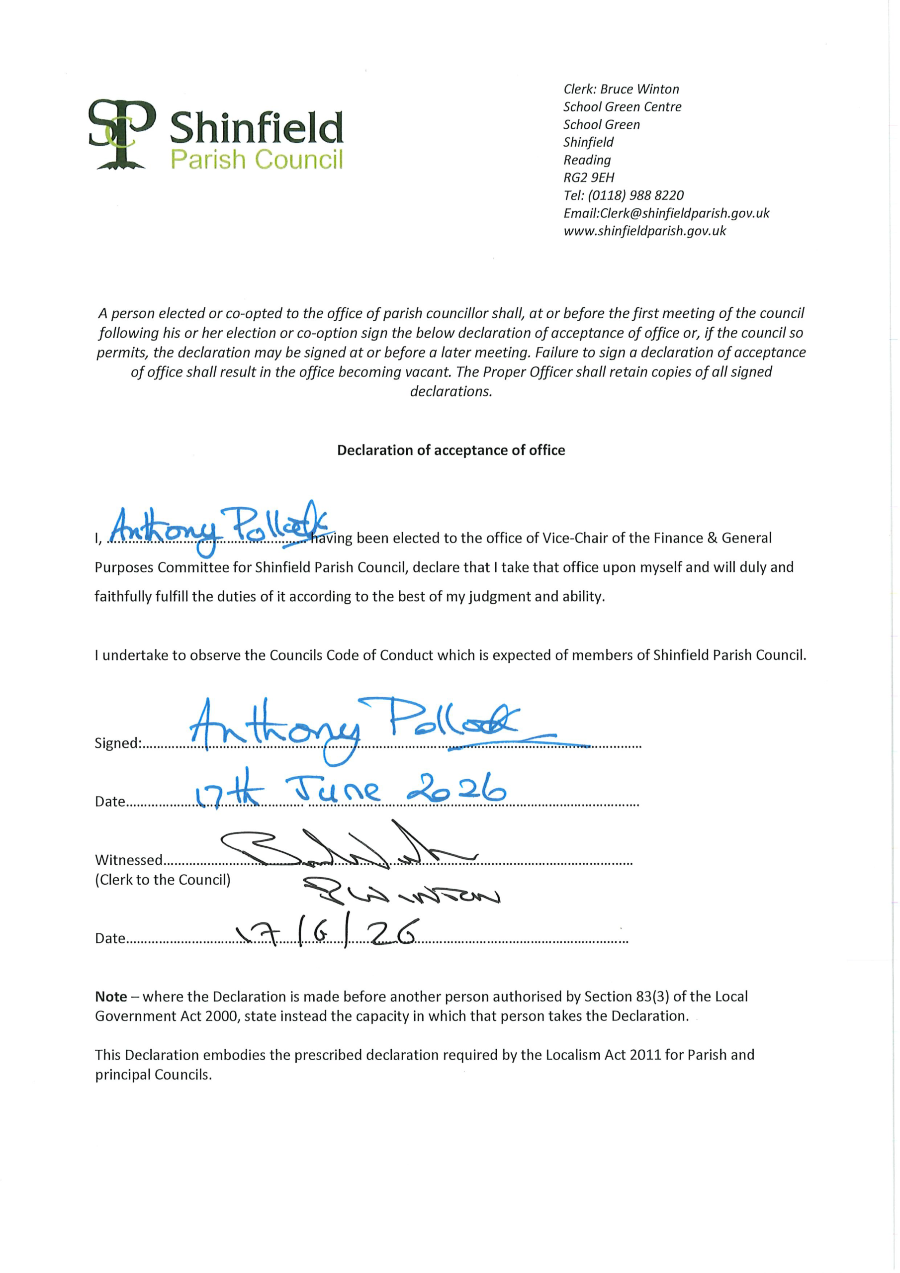 A Pollock acceptance of office Vice chair of FGP 2026